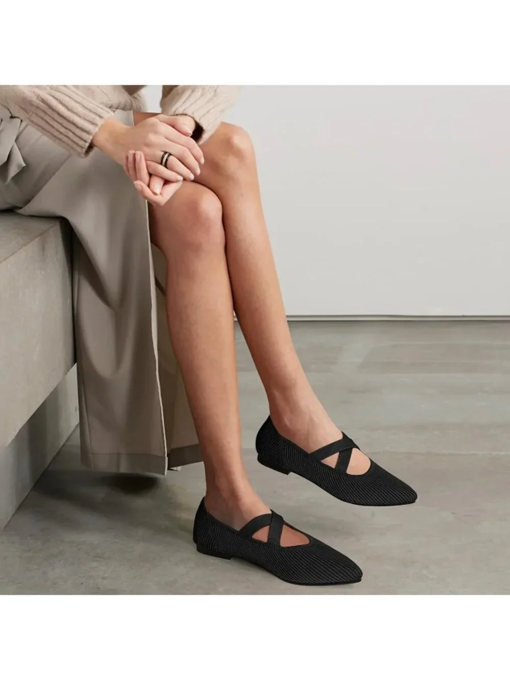 Women's Black Knit Mary Jane Flats Pointed Toe Comfortable Slip On Dressy Shoes